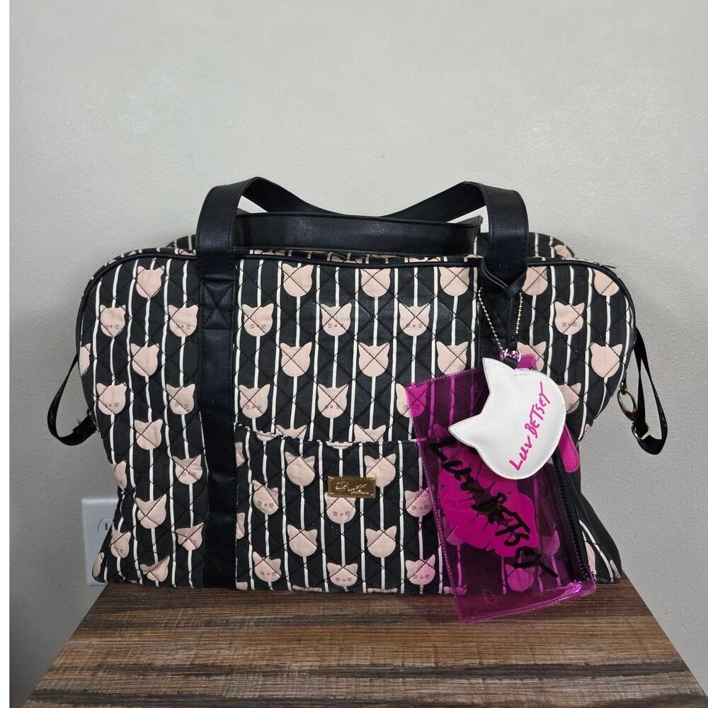 Luv Betsey by Betsey Johnson Quilted Cat Weekender Bag XL Pink Black & White